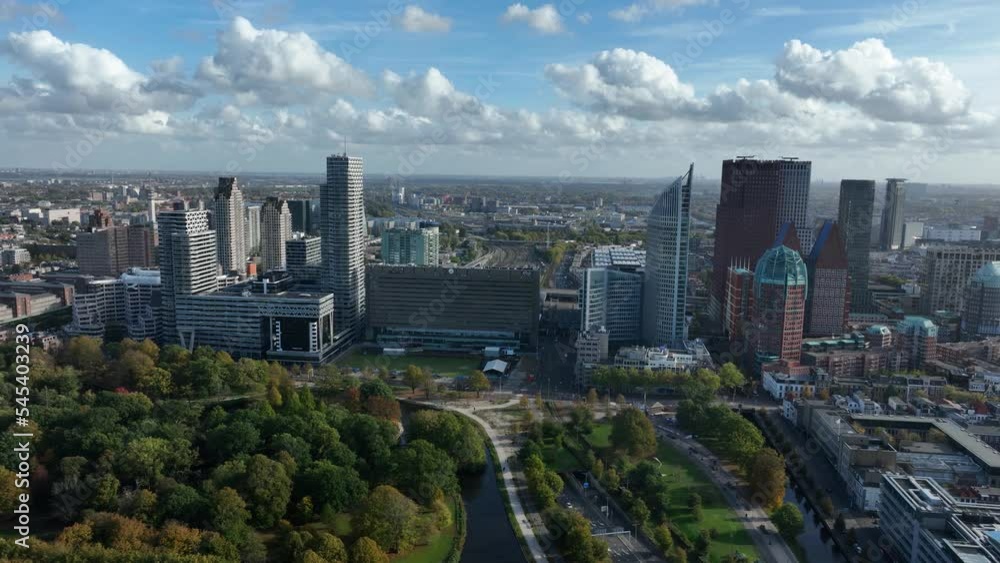 The Hague urban skyline of the center in The Netherlands south Holland, houses dutch government embassier ministires and supreme court and royal family. Aerial drone view. The Hague urban skyline of the center in The Netherlands south Holland, houses dutch government embassier ministires and supreme court and royal family. Aerial drone view.