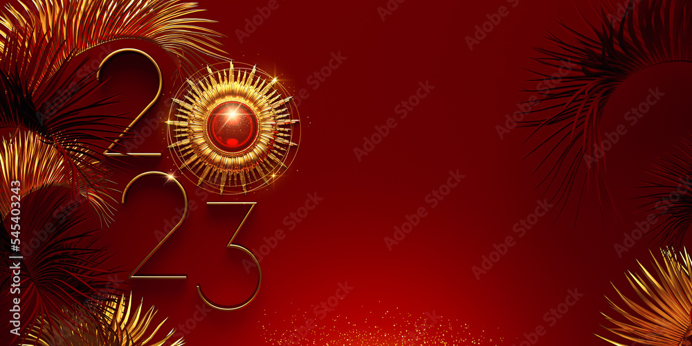 2023 New Year design template with golden palm leaves. 3D render illustration for a greeting card, invitation or banner. 2023 New Year design template with golden palm leaves. 3D render illustration for a greeting card, invitation or banner.