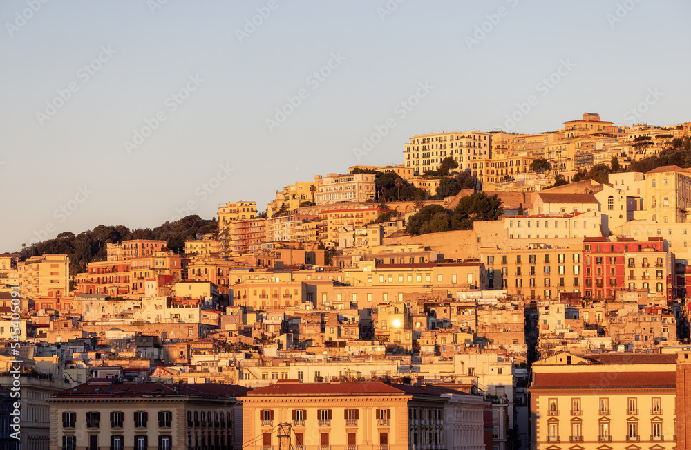 Residential Apartment Home Buildings in Historic Downtown City on Mediterranean Coast of Naples, Italy. Sunrise Sky.