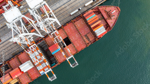 Aerial view container cargo ship global business logistic transportation import export container box, Container cargo ship boat freight shipping maritime commercial port, Cargo vessel industrial port.