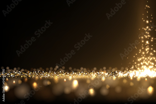 Gold glitter and sparkle of falling confetti in spotlight light beam, burst of particles