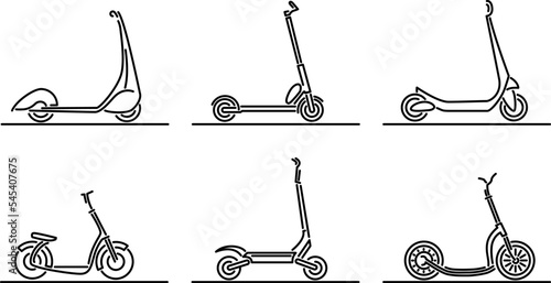 Set of simple flat design vector images of various types of kick scooters drawn in art line style.