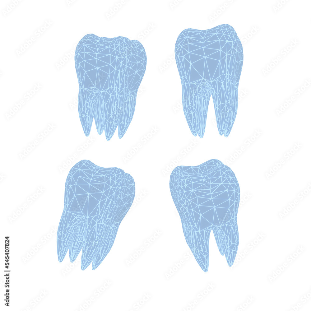 Set of 3d tooth isolated on transparent background. Render. 3d render. Wireframe with light blue glow. PNG. Dentistry, medicine concept. 3D rendering, ui, ux. Teeth. Health.