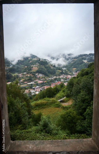 
landscape mountains mist colors houses