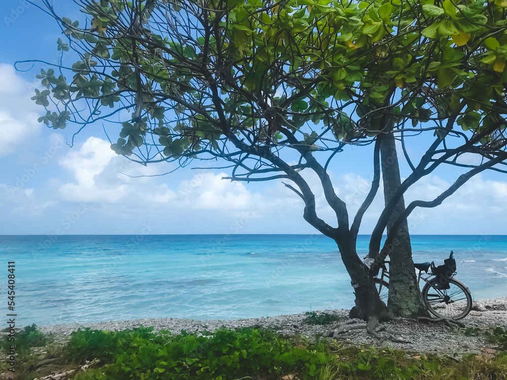 Active lifestyle background. Bicycle on the tropical beach. Turquoise water, bright blue sky in sunny day. Ideal resting place. Amazing natural summer scenery. Travel, tourism, vacation, freedom