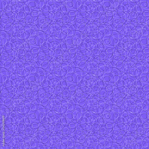 Abstract seamless pattern with geometric rounded ornament. Thin white lines, circles, chaotic waves, loops, curls on bright violet background. Texture design for wallpaper, fabric, wrapping paper. 
