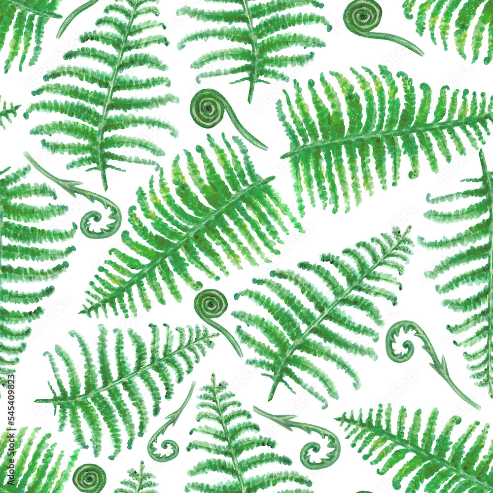 Seamless watercolor background with green fern branches