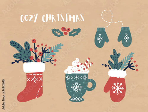 Cozy Christmas. A clip art of decorative elements in a hand drawn style
