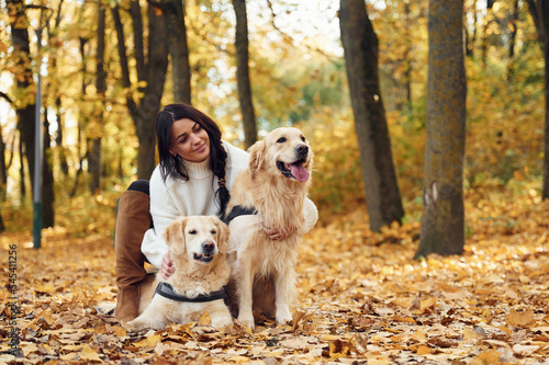 Woman is on the walk with her two dogs in the autumn forest