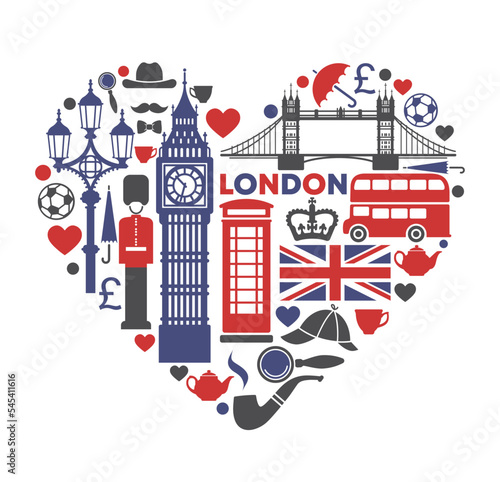 London love. Symbols of London in the shape of a heart