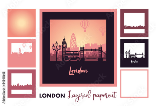 London layered papercut card with cityscape, big ben, tower bridge, lantern and bus. 3D London shadow box.