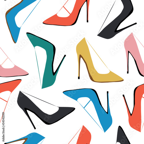 Seamless pattern with high heeled pump shoes. Vector illustration.