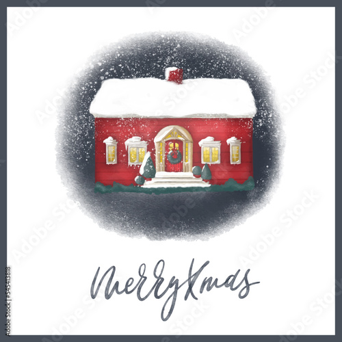 Watercolor cozy Christmas card with house  light bulb decoration with snow falling on watercolor paper background. Vector Merry Xmas greeting card of farm house and calligraphy.