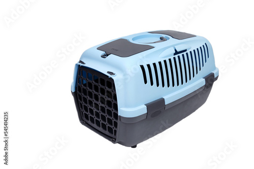 A blue carrier for transporting cats and dogs isolated on a white background.