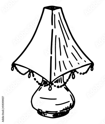 Doodle of vintage table lamp. Cozy furniture sketch. Hand drawn vector illustration. Single outline clip art isolated on white.