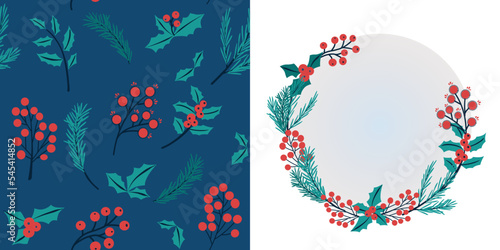 Conjunto de Navidad con estampado navideño y tarjeta de felicitación, diseño estacional de invierno, corona decorativa simple con elementos florales navideños