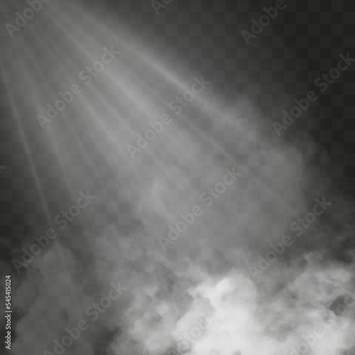 Rays of sun or spotlight with fog or smoke isolated with transparent special effect. White vector cloudiness with rays of light, mist or smog background. Vector illustration
