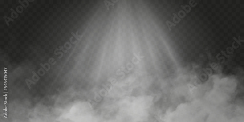 Rays of sun or spotlight with fog or smoke isolated with transparent special effect. White vector cloudiness with rays of light, mist or smog background. Vector illustration