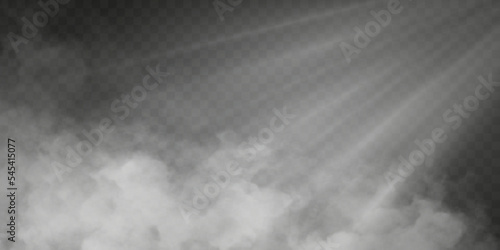 Rays of sun or spotlight with fog or smoke isolated with transparent special effect. White vector cloudiness with rays of light, mist or smog background. Vector illustration