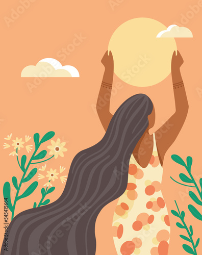 A woman holding up the sun with flowing hair. Wellness and health. Mind and body. Sun goddess. Morning yoga stretch. Woman's beauty. Feminine. Divine female. flat vector. Sunflowers. Clouds.