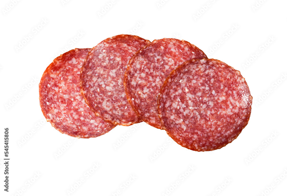 Sliced salami isolated on white background with transparent PNG. Sausage top view. - obrazy, fototapety, plakaty 