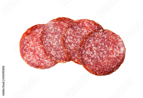 Sliced salami isolated on white background with transparent PNG. Sausage top view. photo
