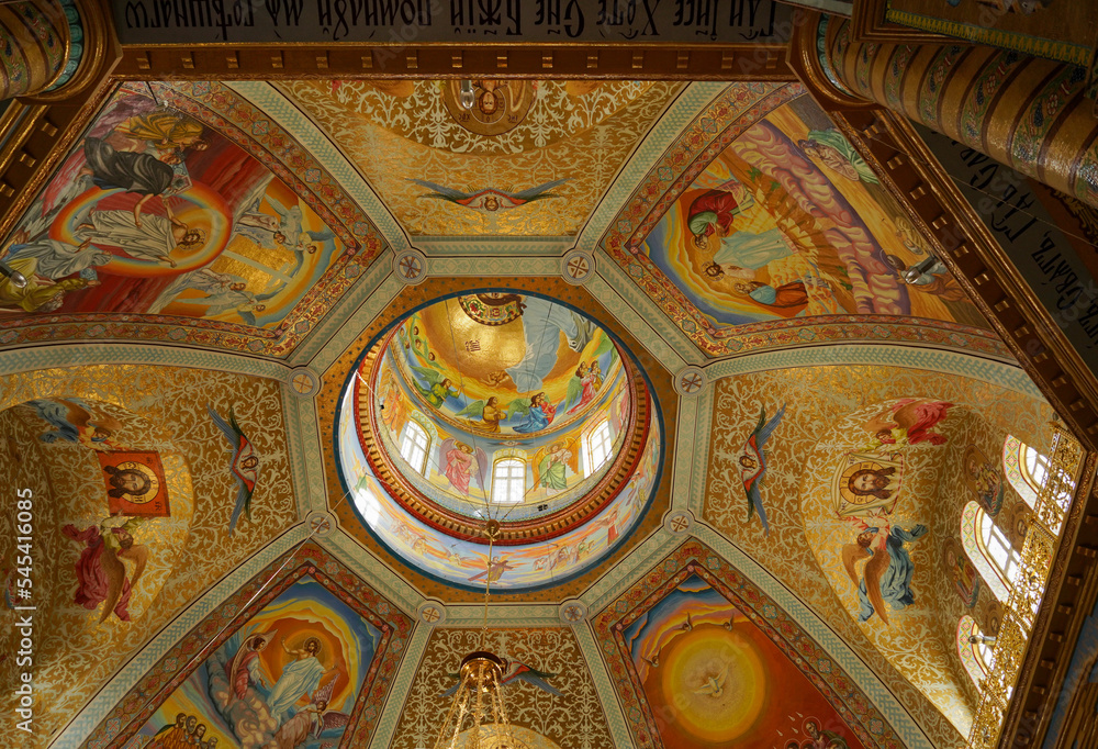 POCHAIV, UKRAINE: Lavra Orthodox Christian Monastery Complex Transfiguration Cathedral Interior Cupola Ceiling Fresco of God Jesus Christ