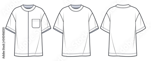Overfit Tee Shirt technical fashion illustration. T-Shirt  fashion flat tehnical drawing template, pocket, front and back view, white color, women, men, unisex CAD mockup set.