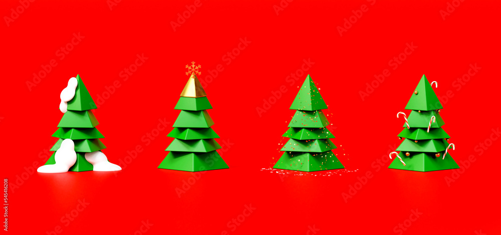 Fototapeta premium Christmas and New Year background. Xmas pine tree. Festive Christmas object. Holiday poster, header for website, greeting card, flyer, gift, Cartoon, 3d rendering.