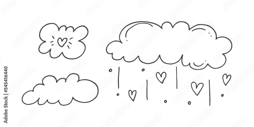 Set of cute hand-drawn doodle elements about love. Message stickers for apps. Icons for Valentines Day, romantic events and wedding. Clouds and rain from hearts.