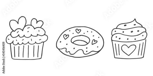 Set of cute hand-drawn doodle elements about love. Message stickers for apps. Icons for Valentines Day  romantic events and wedding. Cupcakes and donuts with hearts.
