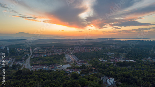 Aerial view of sunrise in Port Dickson, Malaysia.