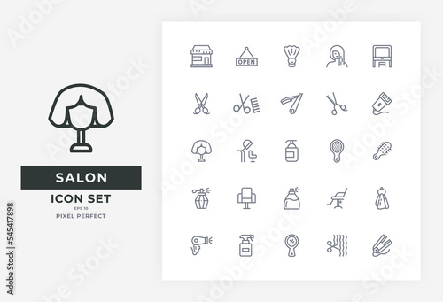 Salon icon set vector line version. Icon set of shampoo, hair styler, hair dryer, electric razor, razor, etc. Icon for barbershop and salon equipment.