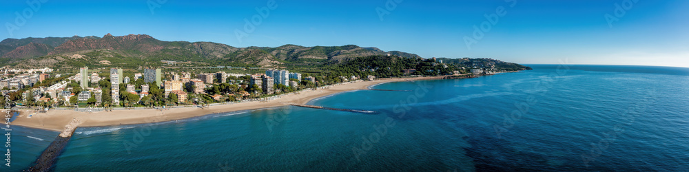Panorama and Areal View of Benicàssim, a municipality and beach resort located in the province of Castelló, on the Costa del Azahar in Spain