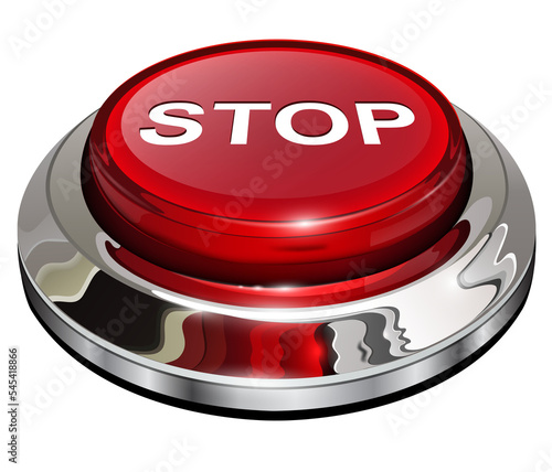 Stop button, 3d red glossy metallic icon isolated.