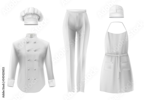 Culinary clothing white hat shirt apron pants icon set. Realistic white mockup. Professional suit clothes for cooks jacket for work in restaurant kitchen or cafe. Vector illustration