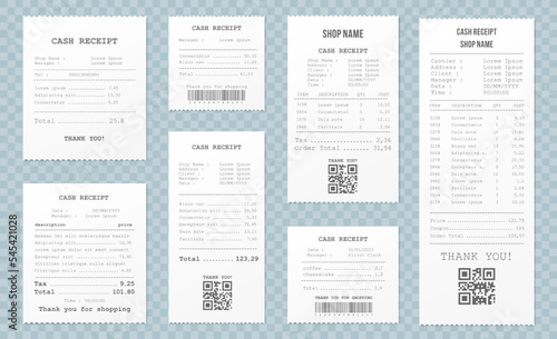 Realistic receipt. Restaurant bill, shop and supermarket paper receipts, purchase invoice