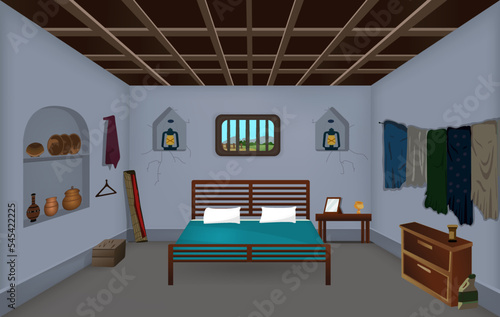 Village room inside cartoon background vector, Poor house room interior vector illustrations.