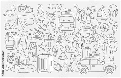 Summer line icons. Beach vacation. Hand drawn sea rest. Travel party. Tropical sun or water. Camping tent. Hiking tourism. Tourists trailer with baggage. Vector doodle recent objects set