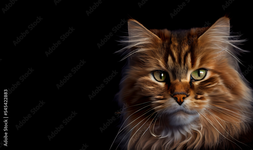 Adorable norwegian forest cat on dark background, space for text. Portrait of a norwegian forest cat. Cute cat. Digital art