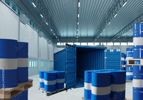 Barrels are stored in warehouse. Interior of storage inside hangar. Sea container with blue barrels. Warehouse for chemical products. Barrels of fuel on pallets. Warehouse inside. 3d rendering.