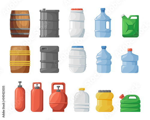 Chemical containers, drums, barrels. Steel storage cask for oil fuel. Beer keg. Wood gallon canister. Gas and petroleum cask. Pub cargo. Plastic bottles set. Vector garish illustration