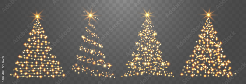 Set of shiny Christmas tree. Glittering lights in the form of a Christmas tree with bright shining and glowing particles. Golden glowing spruce in a luxurious design. Vector on png background.