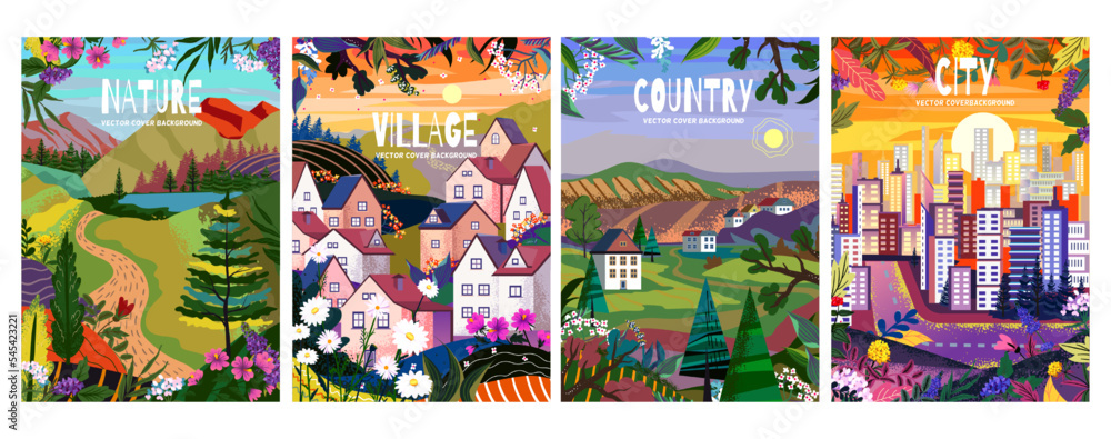 Spring village. Country town landscape. Forest farm. City house posters with rural or countryside buildings. Nature scenery. Urban architecture. Meadow panorama. Vector backgrounds set