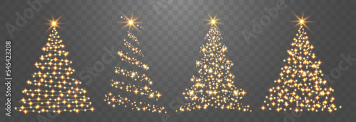 Set of shiny Christmas tree. Glittering lights in the form of a Christmas tree with bright shining and glowing particles. Golden glowing spruce in a luxurious design. Vector on png background.