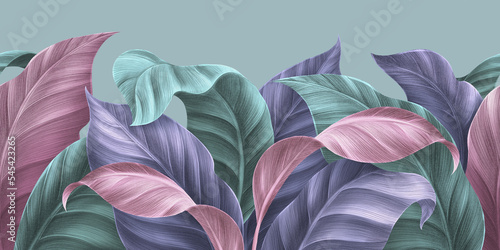 Wallpaper Mural Exotic seamless border, pattern background, texture. Pastel tropical leaves in pink, blue, mint, turquoise, purple delicate color palette. Watercolor 3d illustration, trendy art design. Luxury mural Torontodigital.ca
