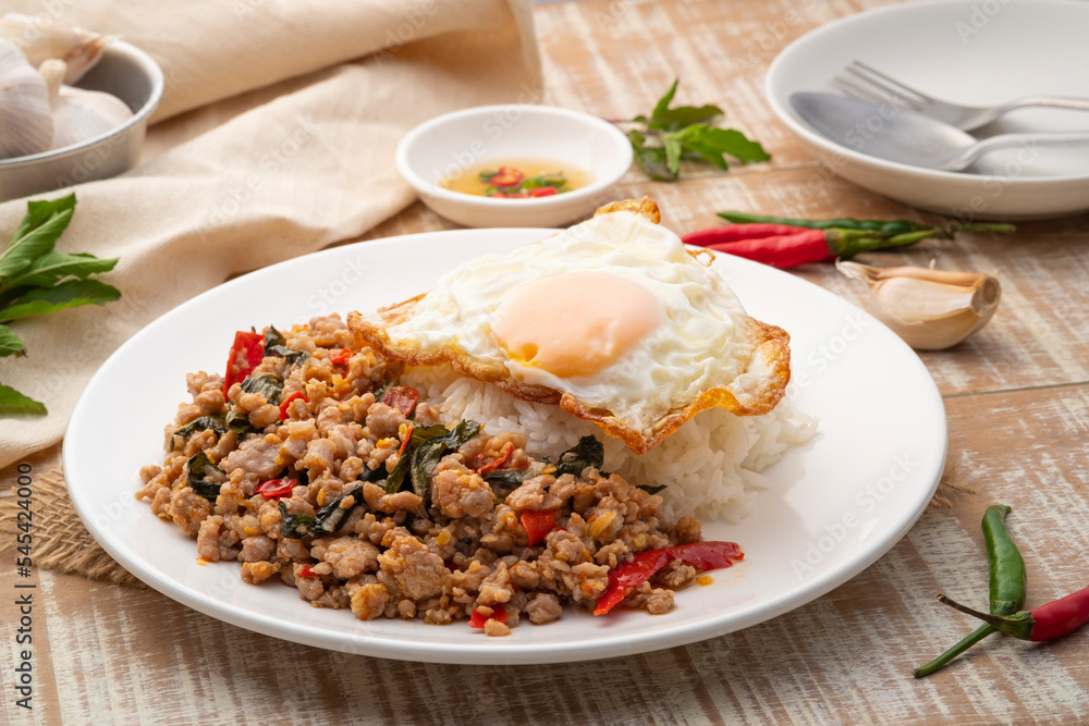 Rice with stir fried Minced Pork and basil with topped fried egg,Thai food