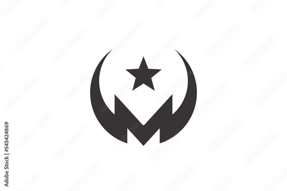 black and white moon and star with letter M logo black and white moon and star with letter M logo