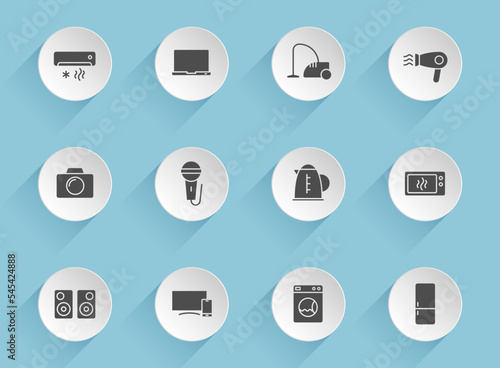 household vector icons on round puffy paper circles with transparent shadows on blue background. household stock vector icons for web, mobile and user interface design