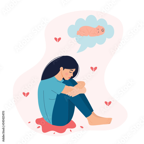 Sad woman sitting in a pool of blood and hugging her knees. Woman lost her child, abortion, miscarriage, bleeding. Unborn baby in her mind. Infertility and pregnancy problems.
